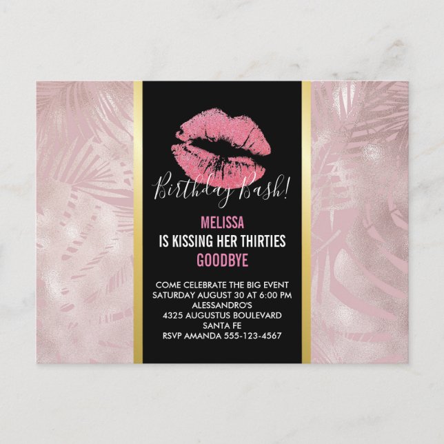 Carte Postale Lèvres roses et Rose Gold Tropical Feuilles Annive (Devant)