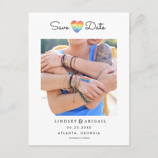 Carte Postale LGBTQ Rainbow Heart Save the Date with Photo (Devant)