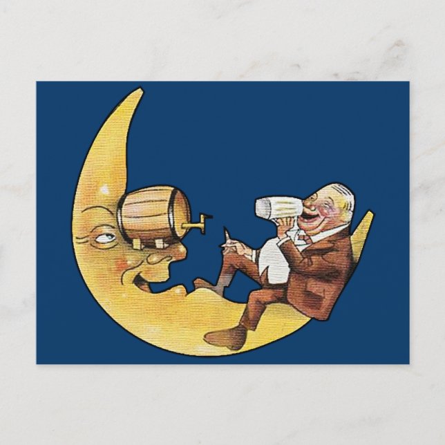 Carte Postale L'homme boit de la bière avec la lune (Devant)