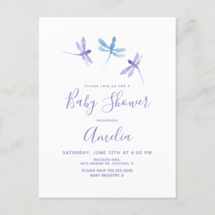 Carte Postale Libellule Aquarelle Bleu Violet Baby Shower