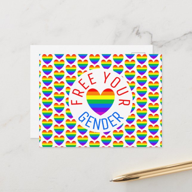 Carte Postale Libérez votre genre, Coeur arc-en-ciel (Devant/Arrière en situation)