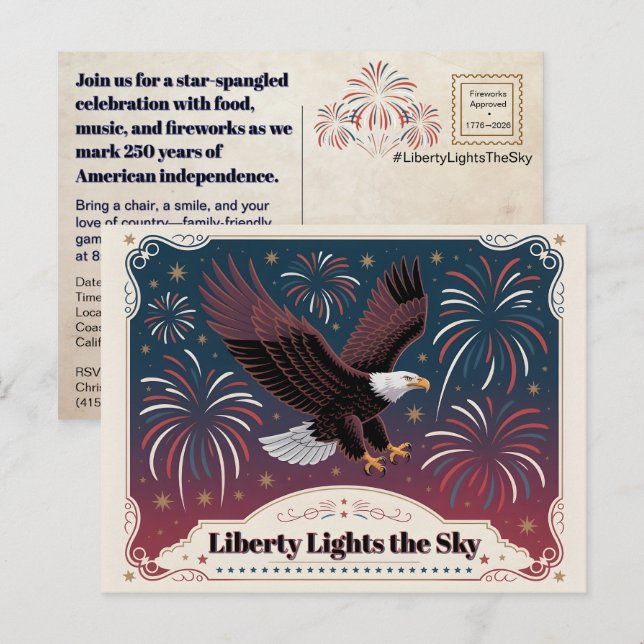Carte Postale Liberty Lights the Sky • 1776–2026 Keepsake (Devant / Derrière)
