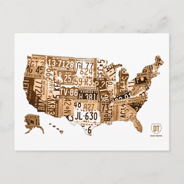 Carte Postale License Plate Map of the USA Sepia Postcard (Devant)
