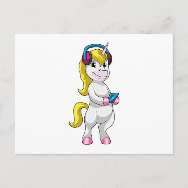 Carte Postale Licorne à Écouter de la Musique avec un Casque (Devant)