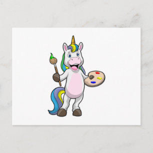 Carte Postale Licorne à Peinture avec Pinceau et Couleur