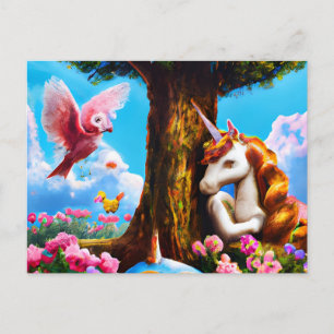 Carte Postale Licorne adorable et oiseau rose fantaisie art pour