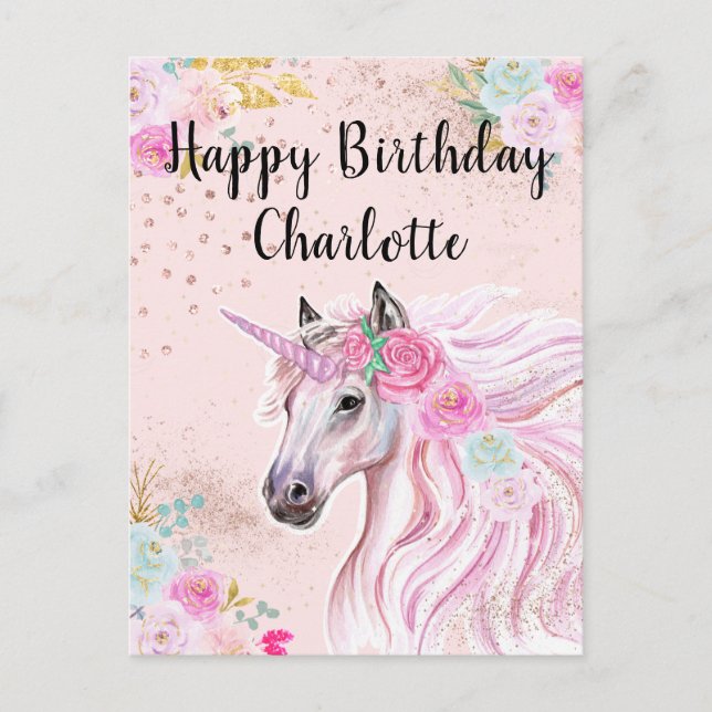Carte Postale Licorne Anniversaire Rose Turquoise Fleurs Nom Per (Devant)