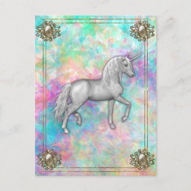 Carte Postale Licorne Arc-en-Ciel Élégante Monogrammée (Devant)