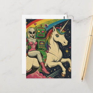 Carte Postale Licorne avec un alien et un robot amoureux