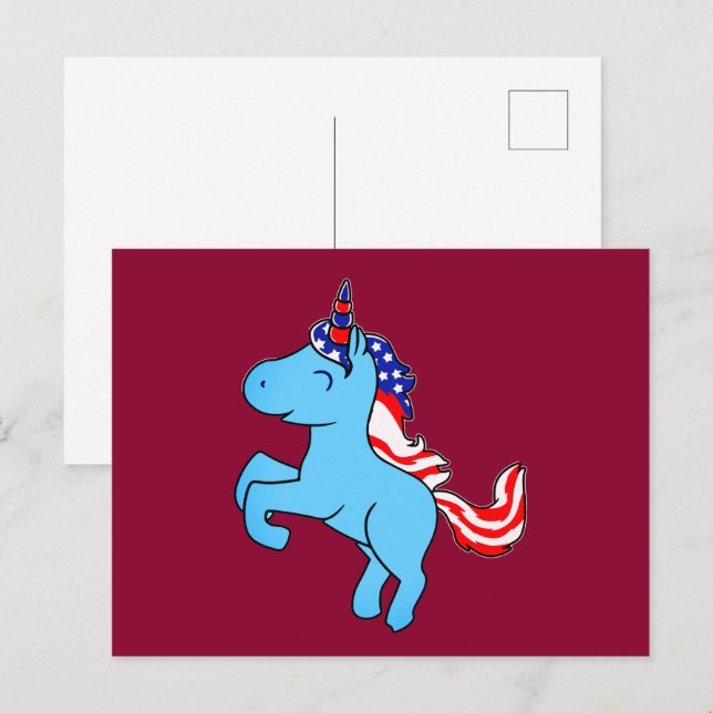 Carte Postale Licorne Bleue Drapeau Patriotique USA Crinière Des (Devant / Derrière)