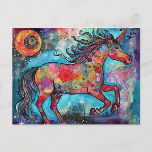 Carte Postale Licorne de pleine lune Collage floral (Devant)