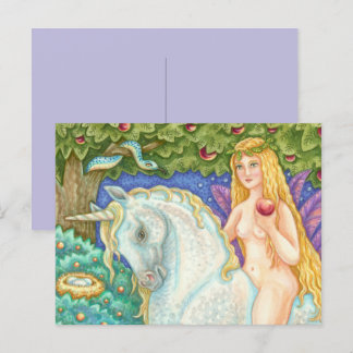 Carte Postale LICORNE ET ÈVE DANS LE JARDIN D'ÉDEN FolkArt Bibli