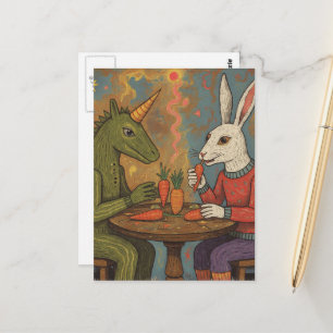 Carte Postale Licorne et lapin mangeant des carottes surréaliste