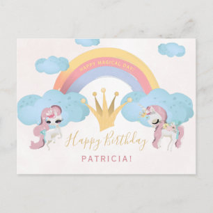 Carte Postale Licorne magique rose et or joyeux anniversaire fil