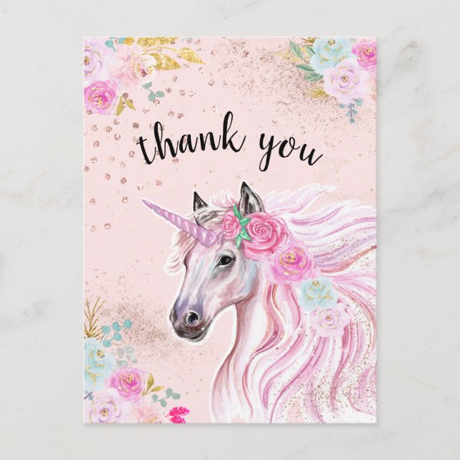 Carte Postale Licorne Merci Rose Sarcelle Floral Paillettes Doré (Devant)
