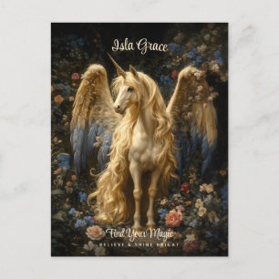 Carte Postale Licorne Pégase Floral Fantaisie Crème Vintage