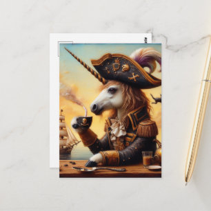 Carte Postale licorne pirate art à l'encaustique avec un café