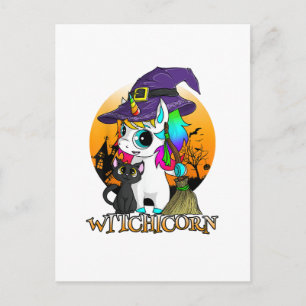 Carte Postale Licorne Sorcière Halloween Chat Noir Orang