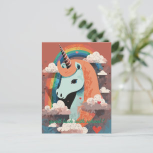 Carte Postale Licorne sous arc-en-ciel et parmi les cœurs