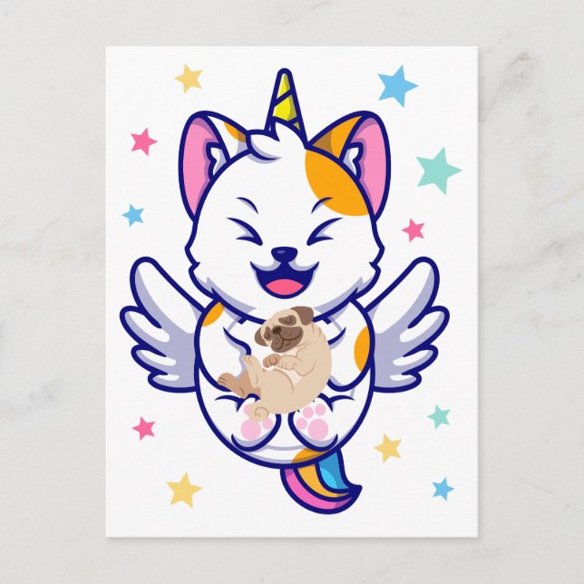 Carte Postale Licorne tenant un chien Pug Kawaii Anime (Devant)