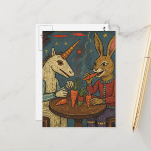 Carte Postale Licorne Unique et Lapin Mangeant des Carottes Surr