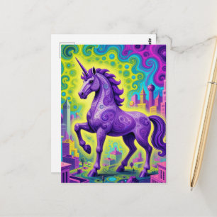 Carte Postale Licorne violette surréaliste dans une ville