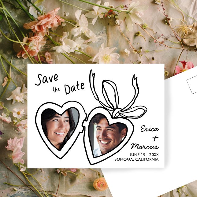 Carte Postale Lieux Coeur Cute Photos personnalisées Enregistrer (Cute Heart Locket Custom Photos Save the Date Postcard
Black and White Doodle Sweet)