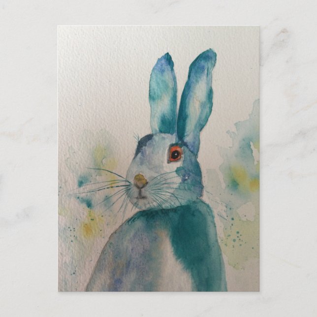 Carte Postale Lièvre Aquarelle Bleue (Devant)