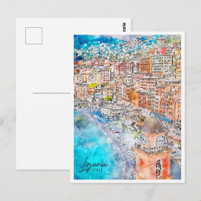 Carte Postale Ligurie Italie Travel Place Aquarelle (Devant / Derrière)