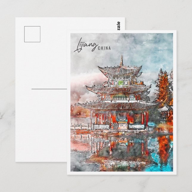 Carte Postale Lijiang Chine Travel Place aquarelle (Devant / Derrière)