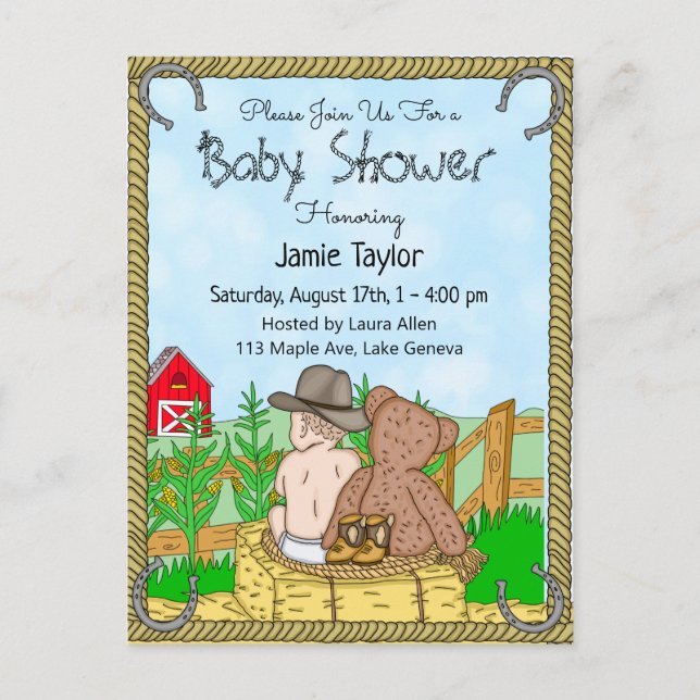 Carte Postale Lil' Cowboy et Teddy Bear Boys Baby shower Invitat (Devant)