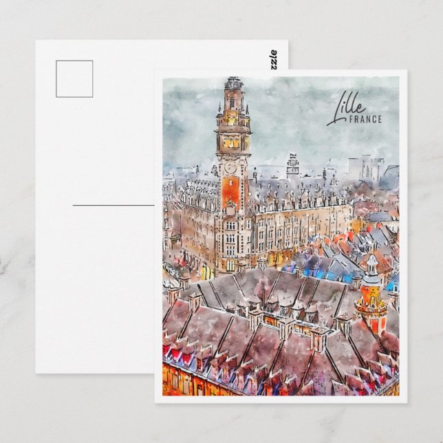 Carte Postale Lille France Voyage Lieu Aquarelle (Devant / Derrière)
