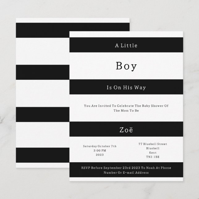 Carte Postale Linear Chic Black And White Stripes Baby Invite Br (Devant / Derrière)