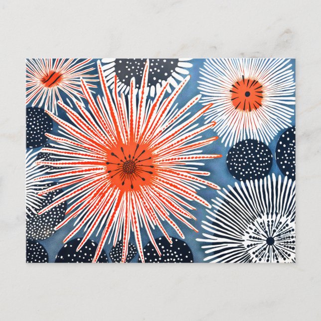 Carte Postale Linocut de divers oursins sur un bleu (Devant)