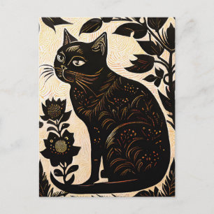 Carte Postale Linocut d'un chat noir parmi les fleurs