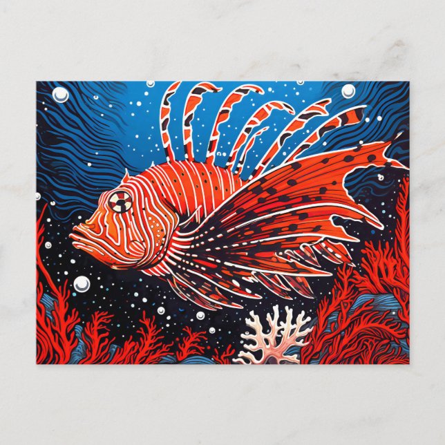 Carte Postale Linocut d'un poisson-Lion dans le récif corallien (Devant)
