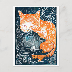 Carte Postale Linogravure Chat noir et rouge se câlinant dans un