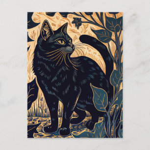 Carte Postale Linogravure d'un chat noir parmi des plantes avec