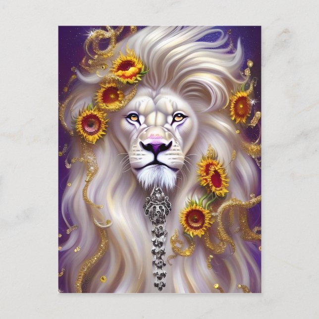 Carte Postale Lion blanc magique et tournesol graphique (Devant)