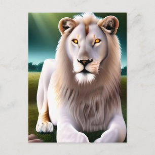 Carte Postale Lion Blanc Majestueux Yeux Dorés Art Éthéré
