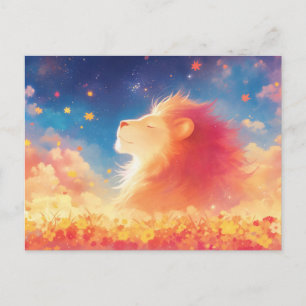 Carte Postale Lion dans un champ de fleurs sauvages sous un ciel