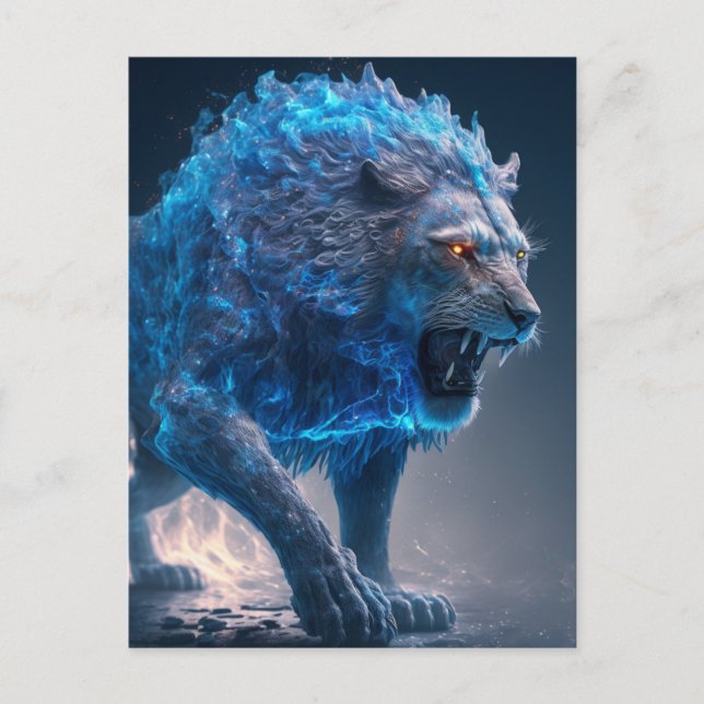 Carte Postale Lion feu Flames bleu (Devant)