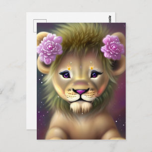 Carte Postale Lion mignon bébé avec fleurs roses Graphique