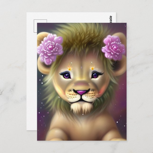 Carte Postale Lion mignon bébé avec fleurs roses Graphique (Devant / Derrière)