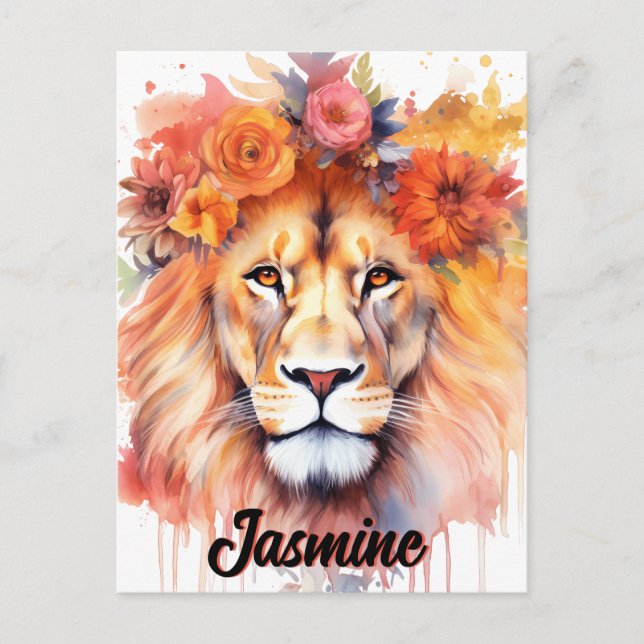 Carte Postale Lion Pastel Fleurs Safari Aquarelle Savannah Chat (Devant)