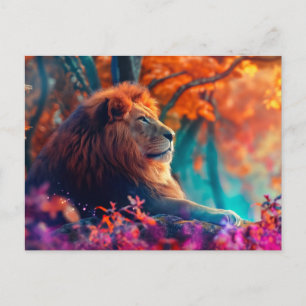 Carte Postale Lion royal dans la conception forestière enchantée