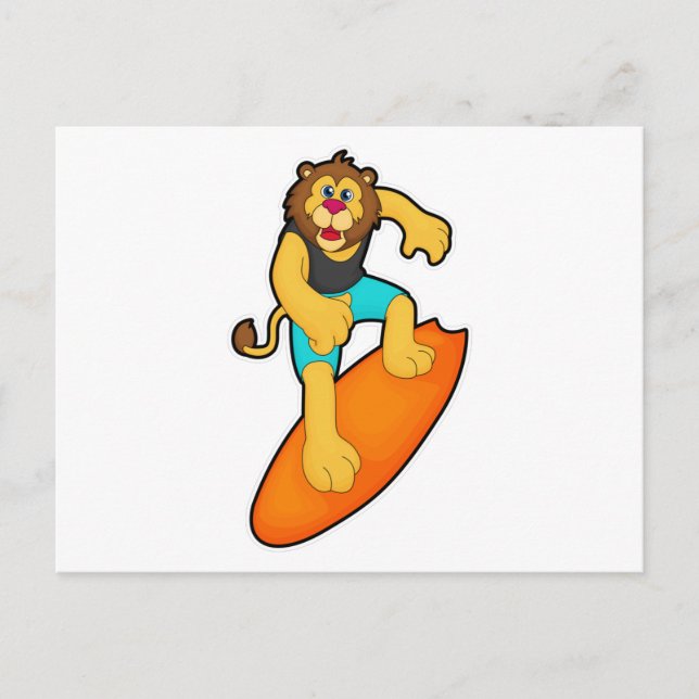 Carte Postale Lion surfeur avec planche de surf (Devant)