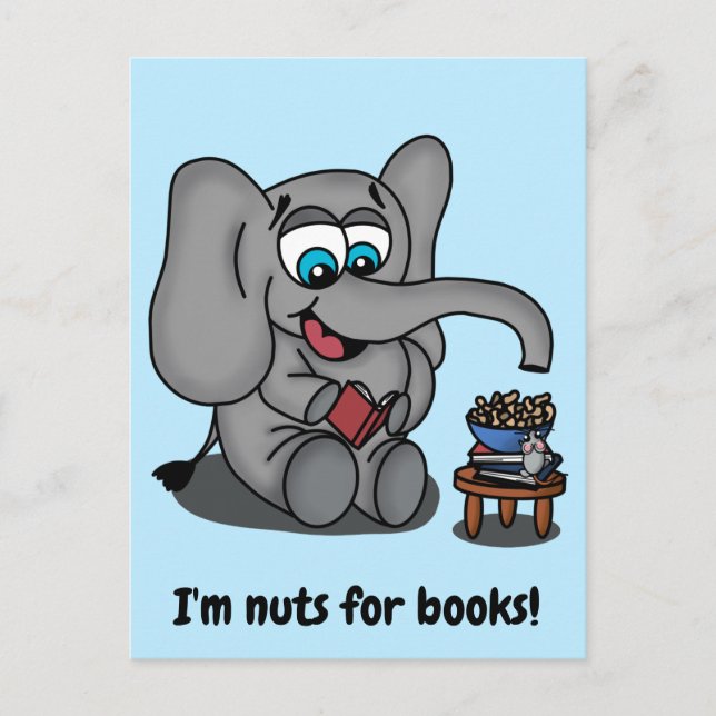 Carte Postale Lire Elephant : Je suis Nuts pour les livres (Devant)