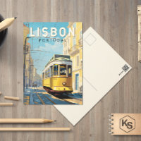 Lisbonne Portugal Tram Jaune Art de Voyage Vintage