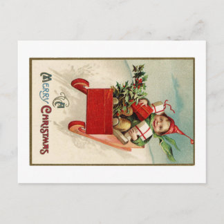 Carte Postale Lithographie vintage de Jeune Garçon en traîneau a